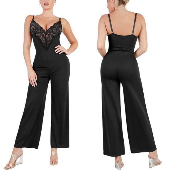 Popilush Shapewear Lace Deep V-Neck Sculpting Wide Leg Jumpsuit Sz XXL - Picture 1 of 9
